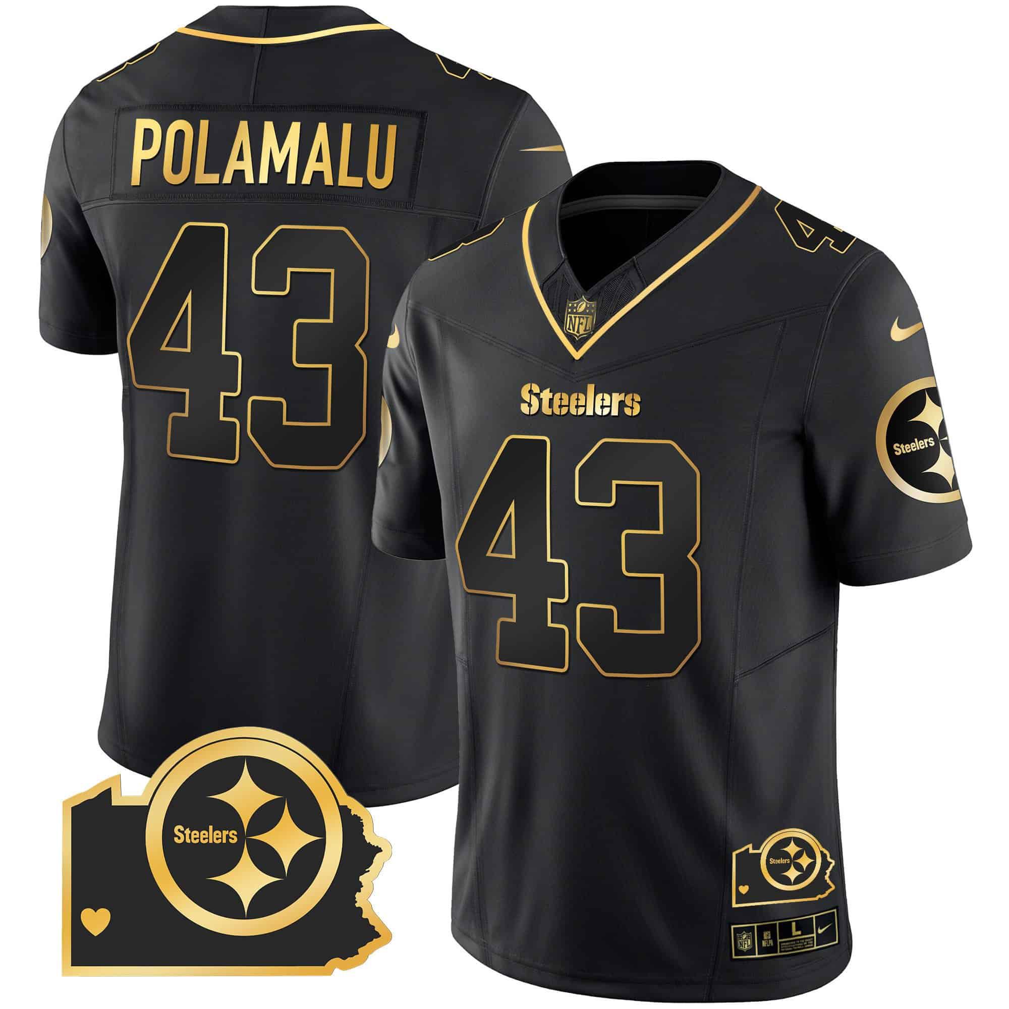 Men Pittsburgh Steelers 43 Polamalu Black Gold 2024 Nike Home Patch Vapor Limited NFL Jersey style 2